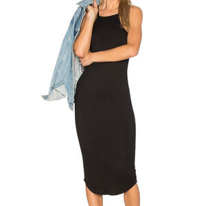 LNA Revolve Square Neck Rib Knit Midi Dress Medium Black Curve Hem Bodycon